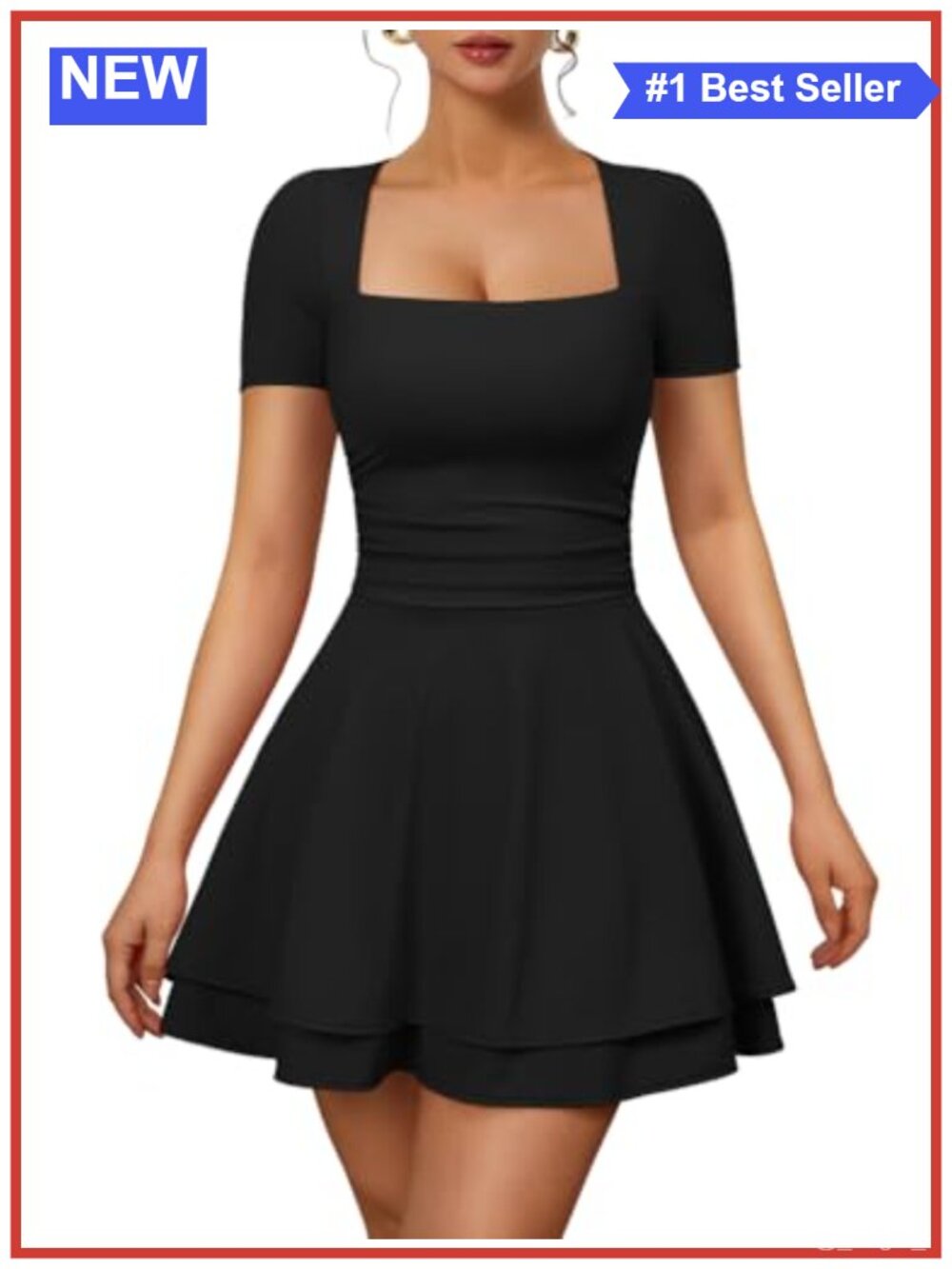 Square Neck Short Sleeve Mini Dress Ruched Waist Ruffle Hem A-Line Club Night